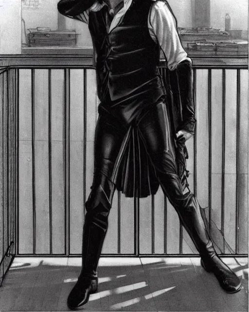 Prompt: rhett sarlin leaning against the rail on a balcony on coruscant, very long black hair brought back into a ponytail, black leather vest, portrait by ralph mcquarrie