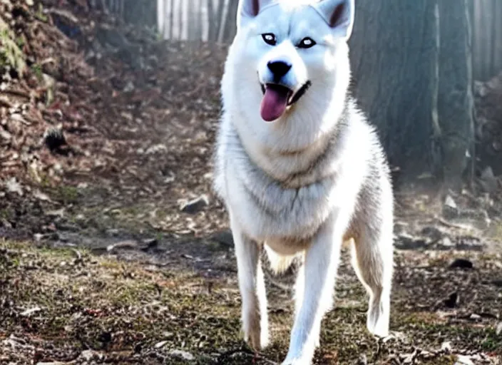 Image similar to film still of an anthropomorphic standing upright man dog white vested husky!!!!!! in a white vest wearing a white vest!!!!! in the new sci - fi movie, 8 k