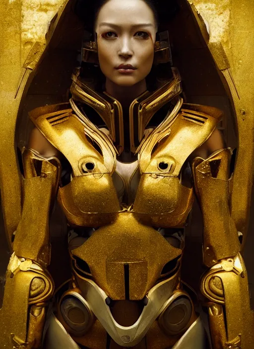 Image similar to portrait of a futuristic geisha cyborg with golden body armor, modern fine art, fractal, intricate, elegant, highly detailed, digital photography, subsurface scattering, by jheronimus bosch and greg rutkowski,