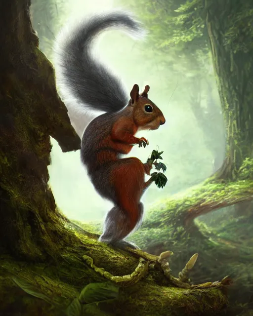 Image similar to oil painting of Anthropomorphized Squirrel attacking a monster, wearing leaf cloak,, sharp focus, fantasy style, octane render, volumetric lighting, 8k high definition, by greg rutkowski, highly detailed, trending on art Station, magic the gathering artwork, magical forest backround, centered