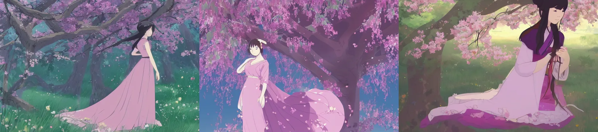 Prompt: beautiful landscape of Japanese girl with pink eyes and full body, her face is a mauve flower like colorful purple gown with white sheen and long hair sitting on apple tree, beuatiful face, awesome, inspire, artstation, by Studio Trigger and Studio Ghibli, by Makoto Shinkai