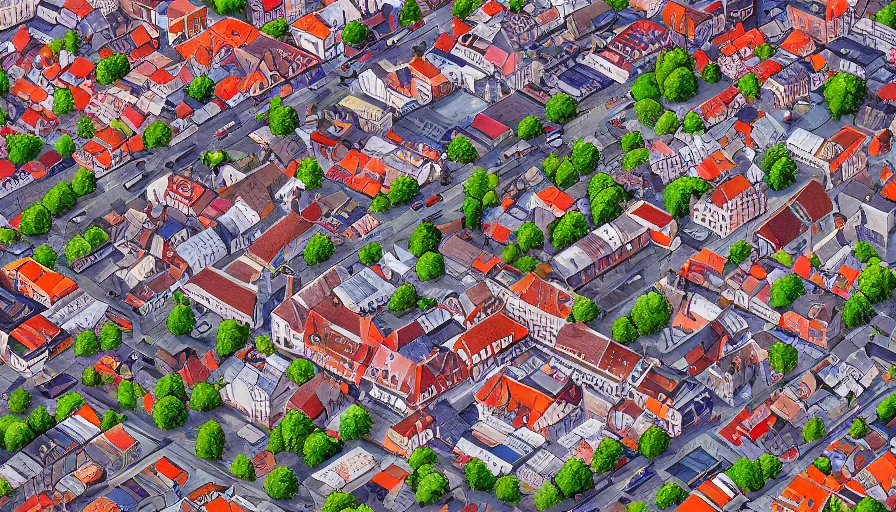 Image similar to dutch townscape, top - down isometric view, painting