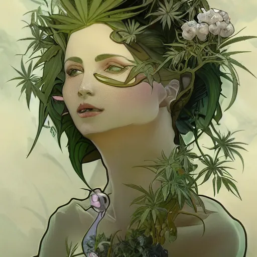 Image similar to a cannabis plant, bio vegetal concept art, by Peter Mohrbacher and Alphonse Mucha, chess, amazonia, detailed, style, 8k, trending on artstation, unreal engine 4k, detailed, clean background trending, full shot, symmetrical portrait, sophisticated, Unreal engine, dystopia, anti-utopia, post processing, psychadelic