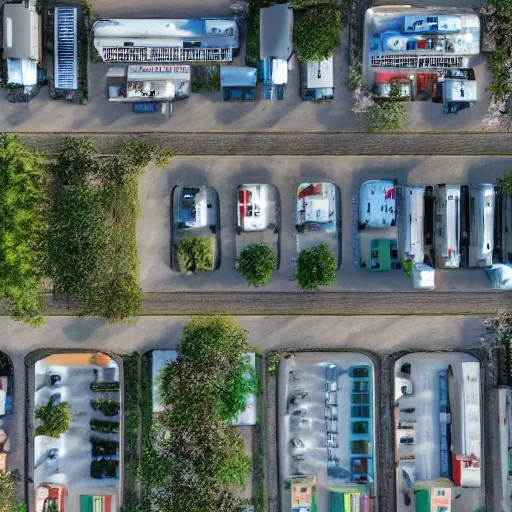 Image similar to top down view of a poor trailer park, realistic, hdr, hdd, 8 k,