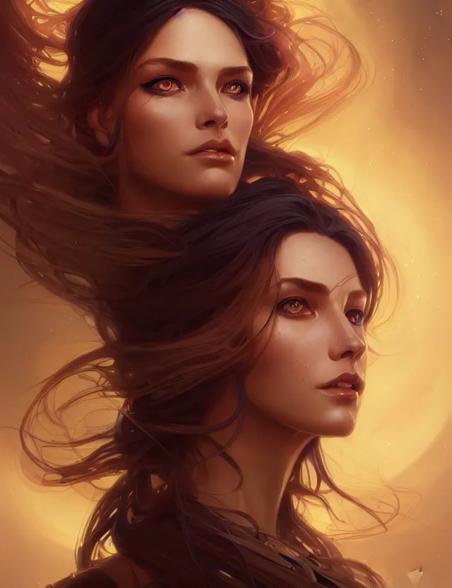 Image similar to futuristic woman portrait, sci-fi, amber eyes, face, long hair, fantasy, intricate, elegant, highly detailed, digital painting, artstation, concept art, smooth, sharp focus, illustration, art by artgerm and greg rutkowski and alphonse mucha