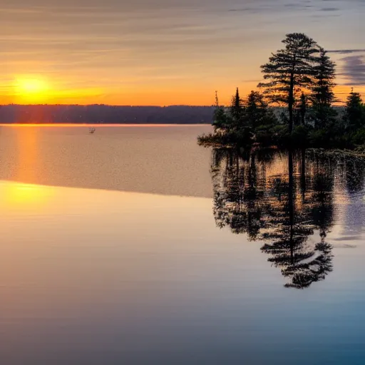 Image similar to 4k UHD photograph sunrise reflected from lake with trees on distant shore and a sailboat