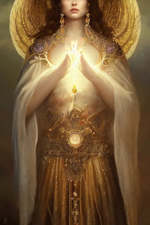 Image similar to A beautiful digital painting of a female Seraphim full of jewels, princess, the moon behind her, intricate, cinematic lighting, highly detailed, digital painting, Artstation, concept art, smooth, sharp focus, illustration, art by Tom Bagshaw, Artgerm and Greg Rutkowski