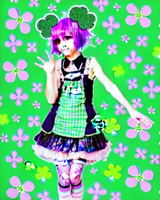 Prompt: a hologram of decora styled green haired yotsuba koiwai wearing stylish gothic lolita clothes, background full of lucky clovers and shinning stars, holography, irridescent, baroque visual kei decora art