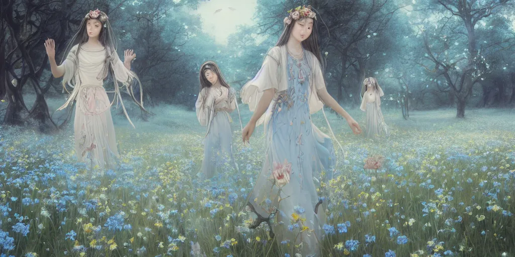 Prompt: breathtaking detailed concept art painting of walking in meadow goddesses of light blue flowers, orthodox saint, with anxious, piercing eyes, ornate background, amalgamation of leaves and flowers, by Hsiao-Ron Cheng, James jean, Miho Hirano, Hayao Miyazaki, extremely moody lighting, 8K