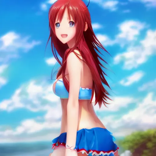 Image similar to a very beautiful mature yuuki asuna, full body, long wavy red hair, sky blue eyes, full round face, bikini, miniskirt, front view, mid - shot, cute pose, highly detailed, cinematic wallpaper by stanley artgerm lau