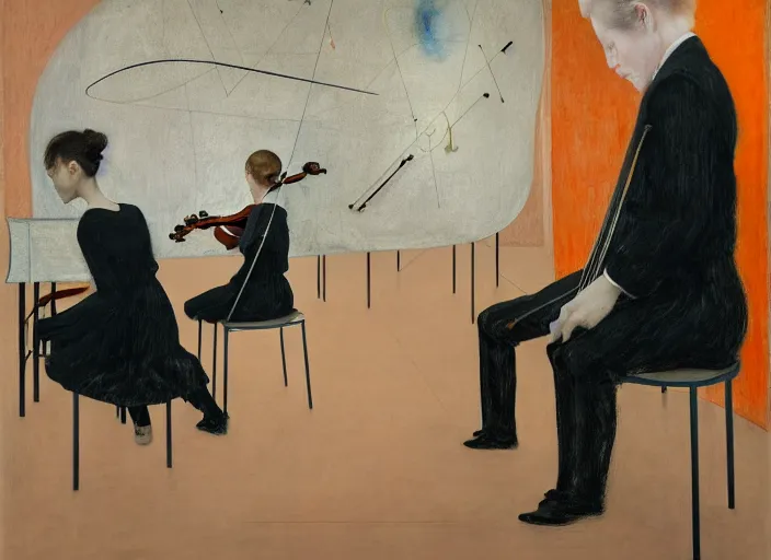 Prompt: two young violin players concentrating, francis bacon and pat steir and hilma af klint and james jean, psychological, intriguing details, unreal 5, altermodern