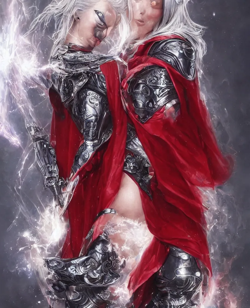 Image similar to a woman with silver hair, mystical symbols tattooed on her face, dressed in a flowing red cape and a futuristic armour, character design, highly detailed, by gabriele dell'otto and greg rutkowski