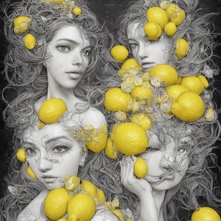 Image similar to the portrait of a sensual lemon personified as an absurdly beautiful, graceful, elegant, sophisticated, young woman made up of lemons, an ultrafine hyperdetailed illustration by kim jung gi, irakli nadar, intricate linework, bright colors, octopath traveler, final fantasy, unreal engine 5 highly rendered, global illumination, radiant light, detailed and intricate environment