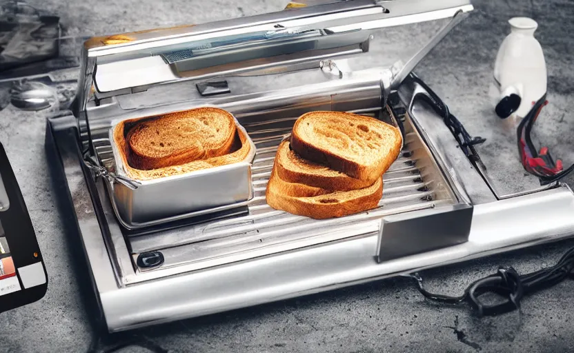 Image similar to a time-traveling delorean styled toaster with toast, bread inserted into slot, glowing heating coils, stainless steel, professional product shot, magazine ad