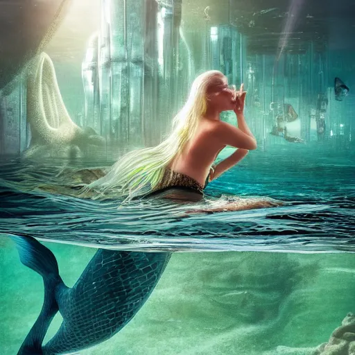 Prompt: photo of a mermaid swimming past a futuristic underwater city