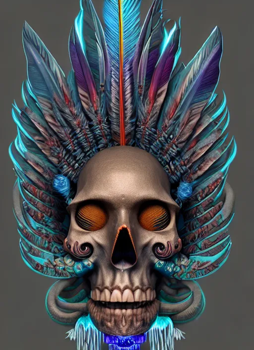 Image similar to 3 d shaman with tattoos profile portrait, sigma 5 0 0 mm f / 5. beautiful intricate highly detailed quetzalcoatl skull and feathers. bioluminescent, plasma, lava, ice, water, wind, creature, thunderstorm! artwork by tooth wu and wlop and beeple and greg rutkowski, 8 k trending on artstation,