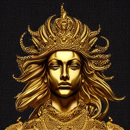 Image similar to epic deatailed golden statue of the King, surrounded by intricate gold lace metalwork on a black smokey background, close up face, modern art, trending on Artstation