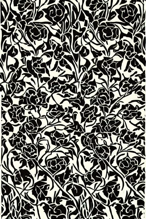 Image similar to black rose pattern, art by william morris, illustration, arts and crafts, art deco