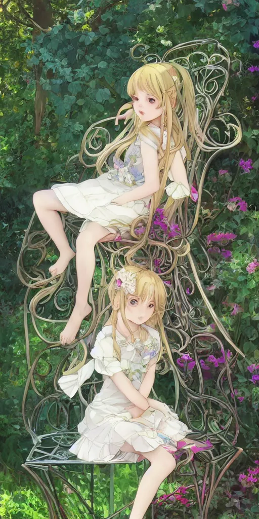 Prompt: a digital art of a loli with long hair in a dress sitting on a metal garden chair in the privet garden at afternoon, green and warm theme, back lighting, by krenz cushart and mucha and akihito yoshida and greg rutkowski and makoto shinkai, extremely long shot, detailed eyes, 4 k resolution, trending on art station