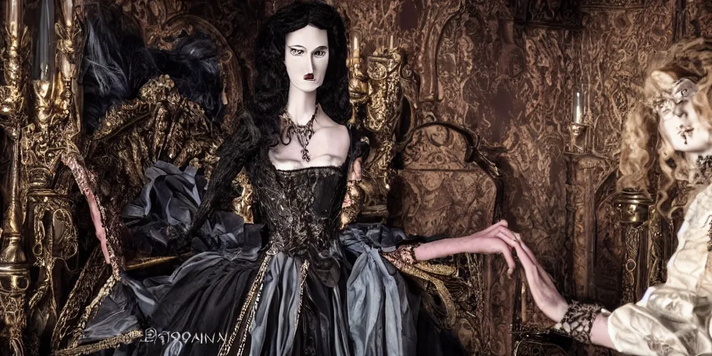 Image similar to photo taken of an epic intricate, ultra detailed, super realistic stop motion puppet of a majestic gracious regal aristocratic brunette female vampires in a gothic victorian filmset studio created by weta workshop and tim burton, menacing, wide angle, full body shots, photorealistic, sharp focus, gloomy, extremely cold blueish colour temperature, 3 5 mm, f 1. 4