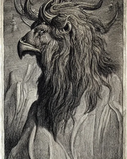 Prompt: a creature with the body and eyes of a man, with the beak of an eagle, the mane of a lion, and the horns of an ox. drawn by jean delville