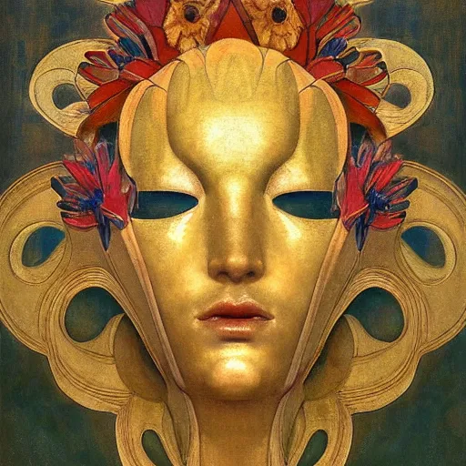 Prompt: masterpiece painting of a facemask made of stylized flowers, by annie swynnerton and jean delville and tino rodriguez and john watkiss, flower mask, art deco shaman, symbolist, dramatic lighting, god rays, elaborate geometric ornament, modern realism, clean crisp graphics, soft cool colors, smooth, sharp focus, extremely detailed