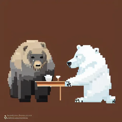 Image similar to an American Grizzly Bear and a Russian Polar Bear having tea, pixel art, trending on artstation