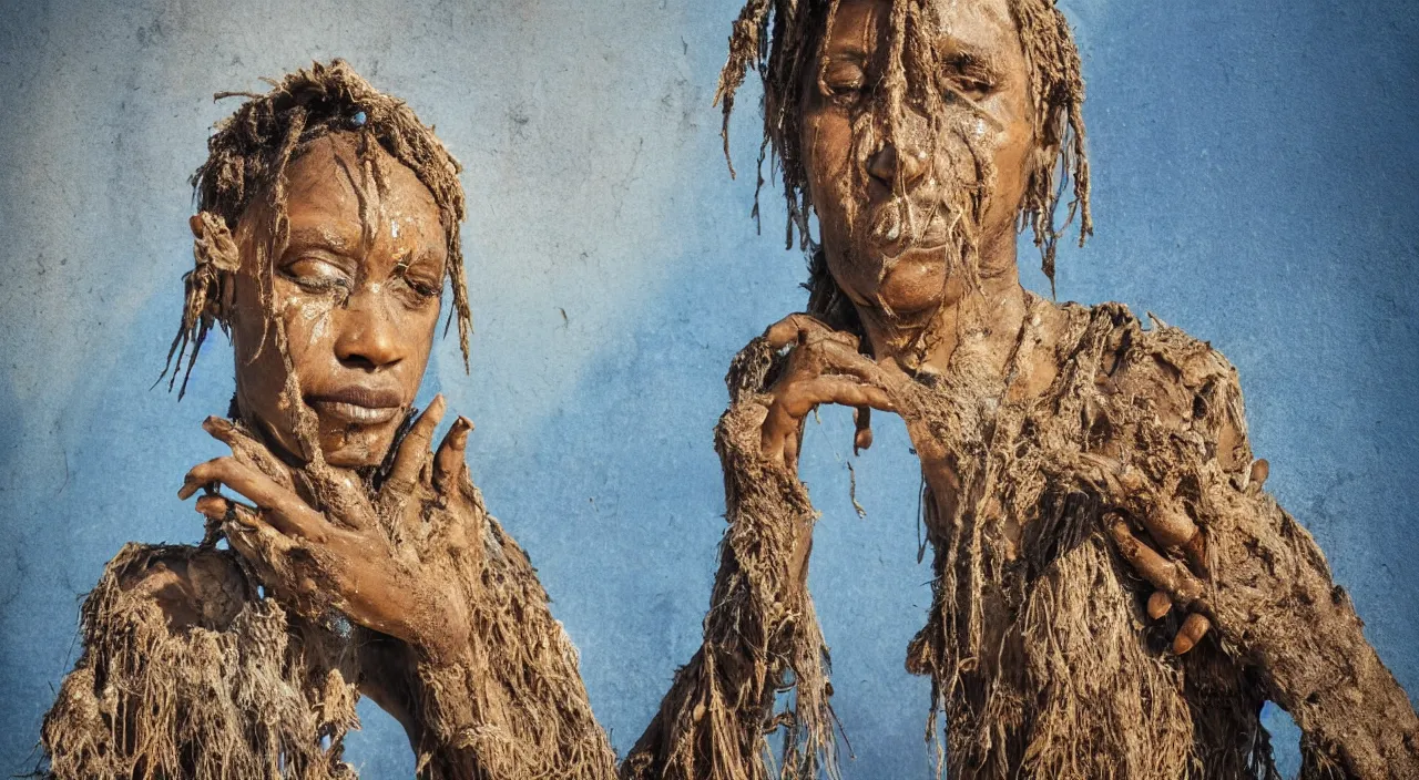 Prompt: close-up of a crying ancient dried up Oshun, peaceful, facing the camera and standing in front of a dried up river in a desolate land, dead trees, blue sky, hot and sunny, highly-detailed, elegant, dramatic lighting, artstation, 4k, cinematic landscape, photograph by Elisabeth Gadd