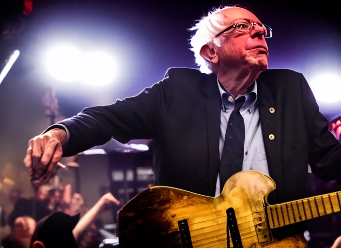 Image similar to publicity photo still of bernie sanders in a punk band playing live on stage, 8 k, live concert lighting, mid shot