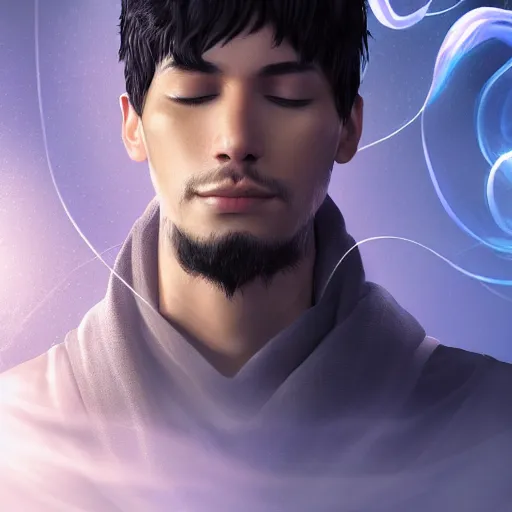 Prompt: a male mage in his 2 0 s with black hair, meditating with closed eyes. unreal engine, extremely detailed, award - winning art, trending on artstation