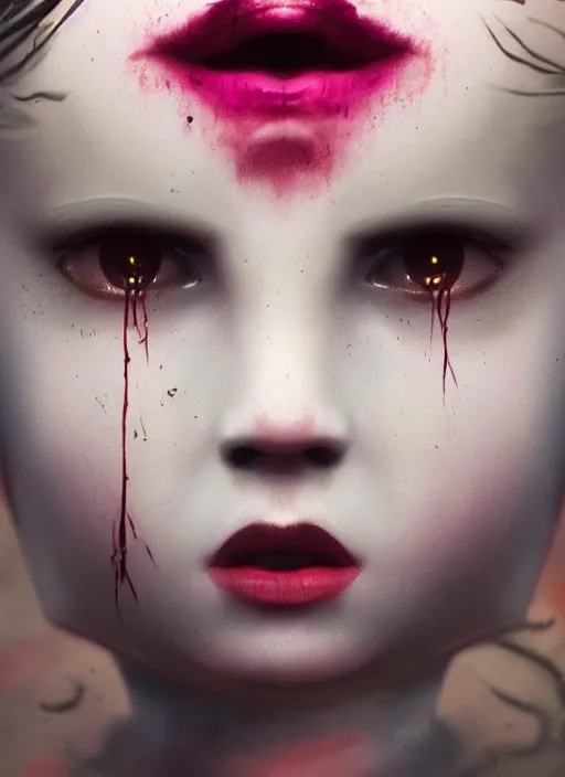 Prompt: profile of sinister girl with pouty aerochrome lips, fungal, unforgivable, cute bandaid on nose!!, expressive eyes, playful pose of a demon, greg rutkowski, charlie bowater, yuumei, stephen gammell, unreal 5, daz, hyperrealistic, octane render, rpg portrait, dynamic lighting, fantasy art, beautiful face