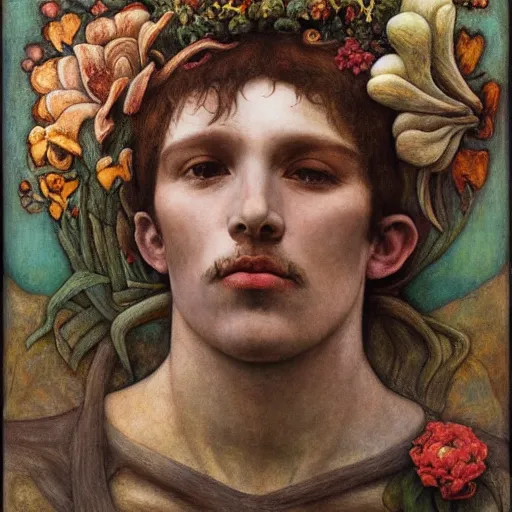 Image similar to the flower prince wearing the bone crown, by Annie Swynnerton and Diego Rivera and Elihu Vedder, symbolist, dramatic lighting, elaborate geometric ornament, Art Brut, soft cool colors,smooth, sharp focus, extremely detailed, Adolf Wölfli and Evelyn De Morgan