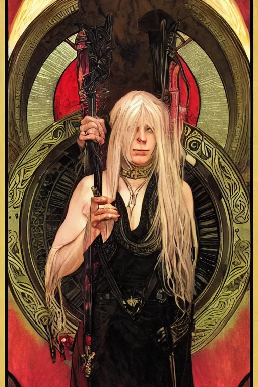 Prompt: tarot card, 4k HD digital full body portrait of Elric of Melibourne, long white hair, black paper, Long black sword with red glowing runes, by Alphonse Mucha, Craig Mullins, Marc Simonetti, Artstation