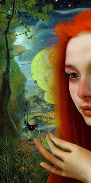 Image similar to infp young woman, smiling amazed, golden fireflies lights, amidst of nature fully dressed, long red hair, intricate linework, accurate green eyes, small nose with freckles, oval shape face, realistic, expressive emotions, dramatic lights mystical scene, hyper realistic ultrafine art by artemisia gentileschi, caravaggio, jessica rossier, boris vallejo