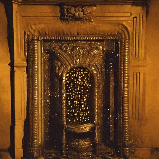 Image similar to grainy 1800s photo of an ornate fireplace that has lights swirling and sparkling in patterns inside it