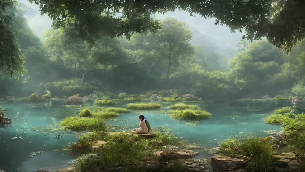 Prompt: a ultradetailed beautiful matte painting of a peaceful pond with a clear water where a vegetal dragon is peacefully sleeping, dynamic lighting, cinematic lighting, lit by morning light, by krenz cushart and artgerm, unreal engine, featured on artstation