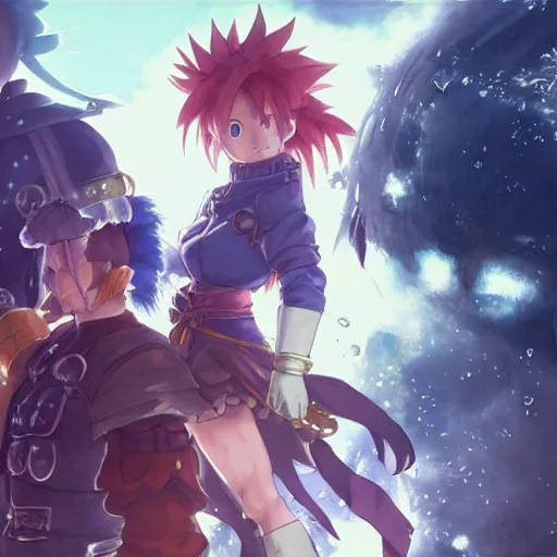 Image similar to steam punk, chrono trigger, detailed anime characters, starring crono, marle and ayla, vivid light, greg rutkowski, uhd, uhd uhd uhd, 8 k, shallow depth of field, intricate detail, concept art!