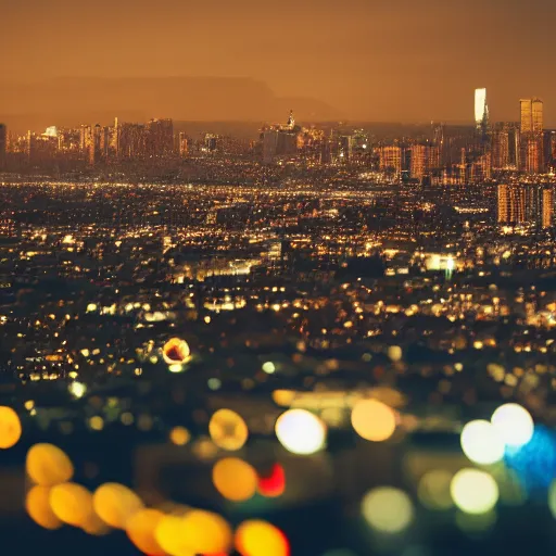 Image similar to a still of Robin Williams. Shallow depth of field. City at night in background, lights, colors ,studio lighting, mood, 4K. Profession photography