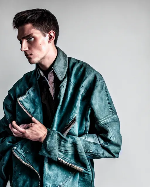 Prompt: an award - winning photo of a male model wearing a baggy teal distressed medieval menswear motorcycle jacket by issey miyake, 4 k, studio lighting, wide angle lens