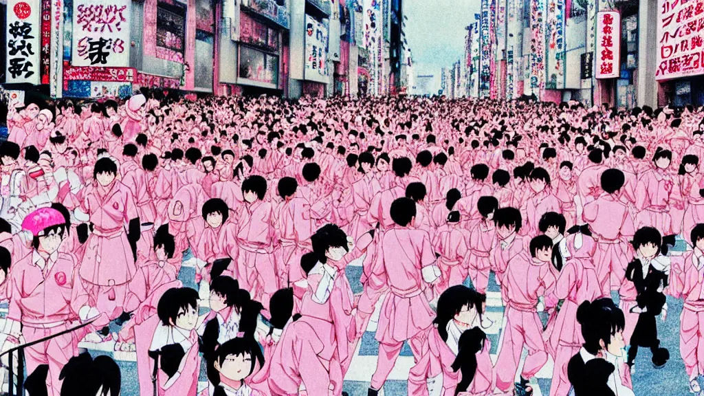 Prompt: manga drawing of a parade on the streets Tokyo everyone is dressed in pink and wearing pig masks, film still from the an anime directed by Katsuhiro Otomo with art direction by Salvador Dalí, wide lens