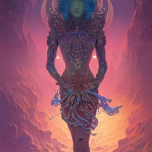 Prompt: queen of the galaxy by andreas rocha, zdzisław beksinski, alphonse mucha. highly detailed, hyper - real, very beautiful, intricate fractal details, epic, mysterious, futuristic, trending on deviantart and artstation