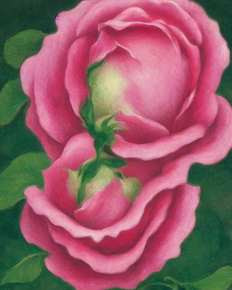 Image similar to achingly beautiful extreme close up painting of one blooming pink rose by rene magritte, monet, and turner. piranesi. macro lens, symmetry, circular.