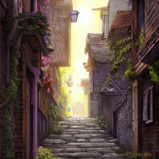 Image similar to narrow street between houses, fantasy art, concept art, high detail