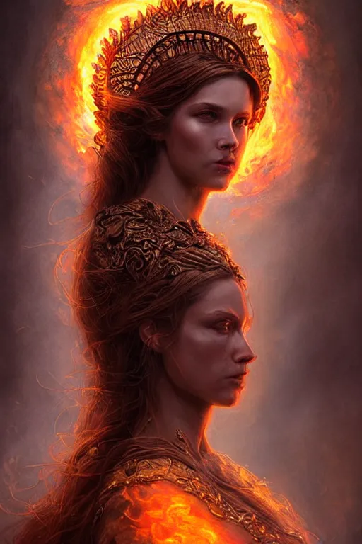 Image similar to Majestic and regal portrait of a beautiful young female fire goddess!!, intricate, epic, elegant, menacing, fantasy, highly detailed, digital painting, hard focus, beautiful volumetric lighting, epic light, ultra detailed, souls, smoke, by Leesha Hannigan, Ross Tran, Thierry Doizon, Kai Carpenter, Ignacio Fernández Ríos