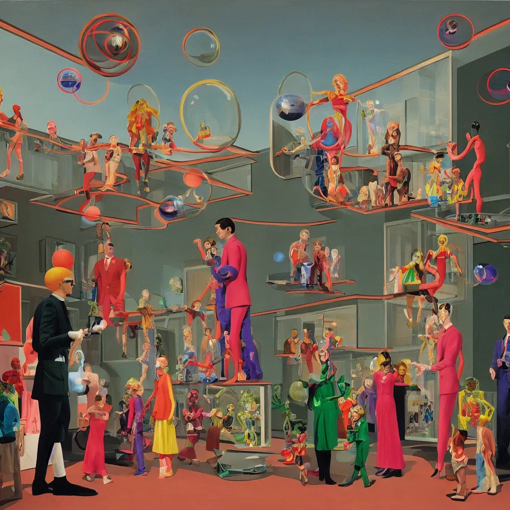 Prompt: painting of a gucci costumed family being shown how to open magic portals by a large glowing alien in their suburban living room maze, designed by gucci and wes anderson, energetic glowing orbs in the air, in the style of edward hopper, james jean, and mc. escher