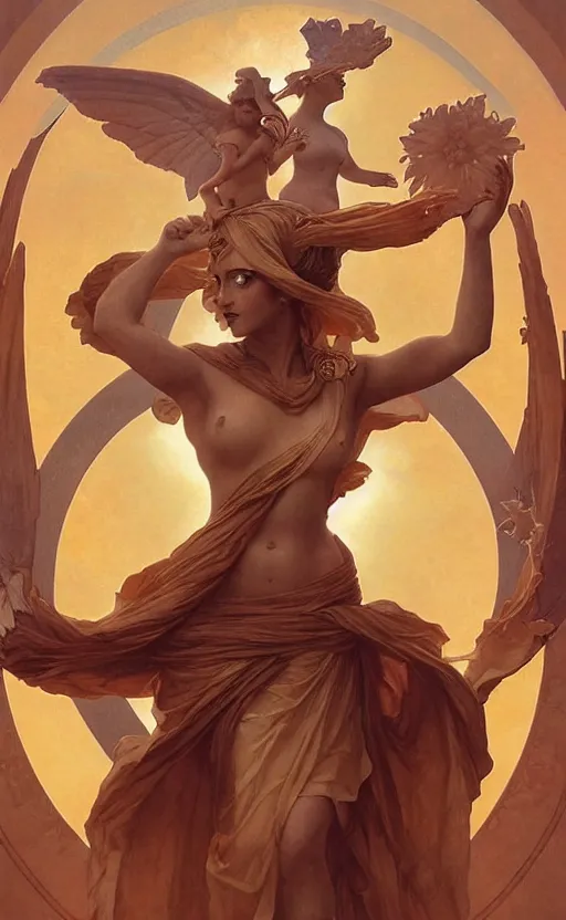 Image similar to solarpunk four armed statue of the goddess of the sun helios descending from olympus, artstation, concept art, smooth, sharp focus, illustration, art by artgerm and greg rutkowski and alphonse mucha and william adolphe bouguereau and john william waterhouse and gianlorenzo bernini