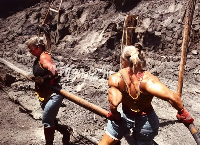 Prompt: 90's professional color photograph, A muscular woman who labors in the mines.