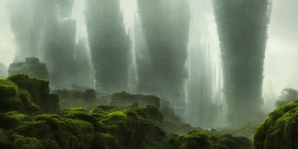 Image similar to a futuristic city scape of vertical organic farms, growing, mossy cellular structures, epic landscape, endless towering science fiction towers, raining, misty, in the style of john harris