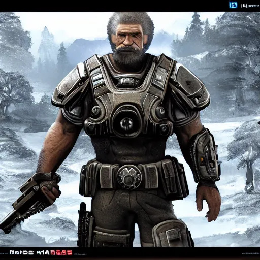 Image similar to Bob Ross in Gears of War, gloomy unreal engine 5 render