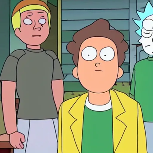 Image similar to of morty from rick and morty as a teenage boy with lab coat llike his grandpa rick
